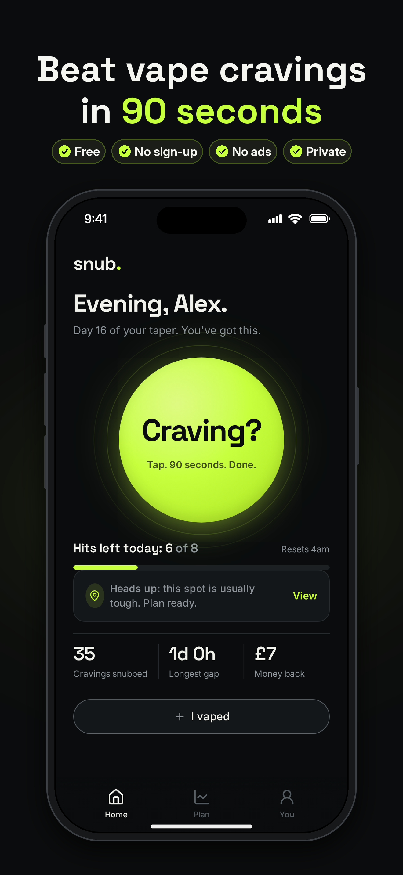 snub. quit vaping app screenshot: beat vape cravings in 90 seconds