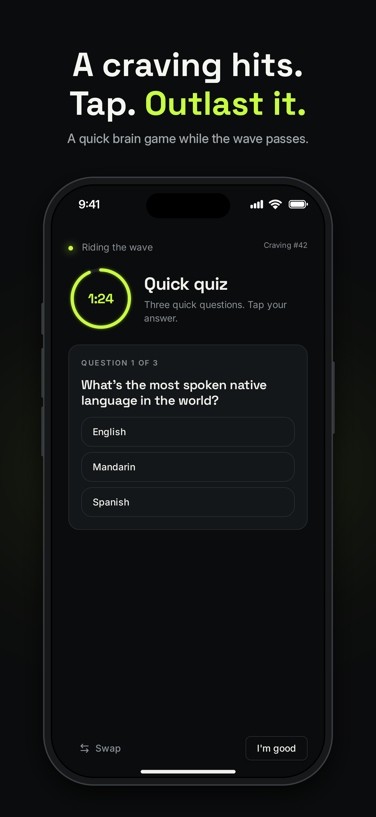 snub. app screenshot: a quick brain game while a craving passes