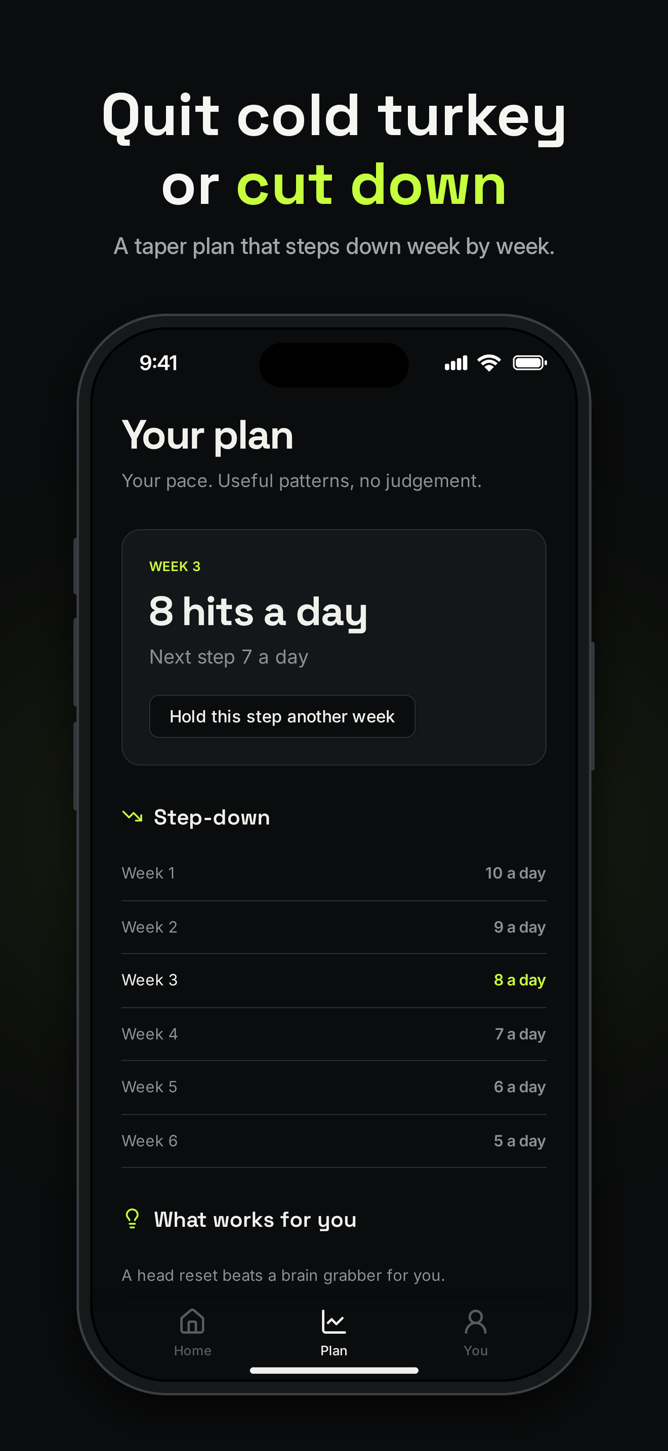 snub. app screenshot: quit cold turkey or cut down with a taper plan