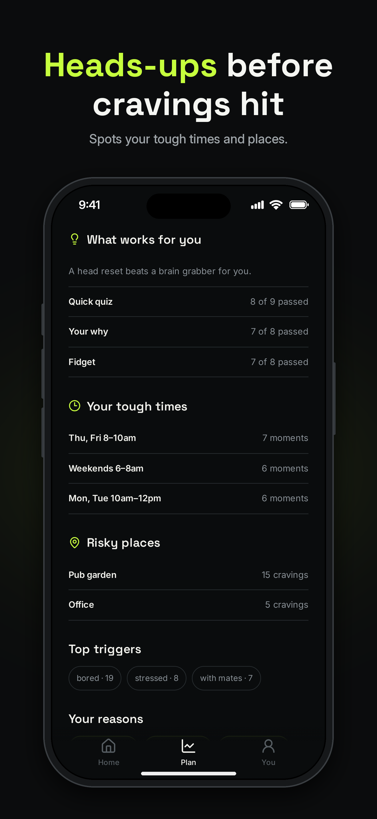 snub. app screenshot: heads-ups before cravings hit