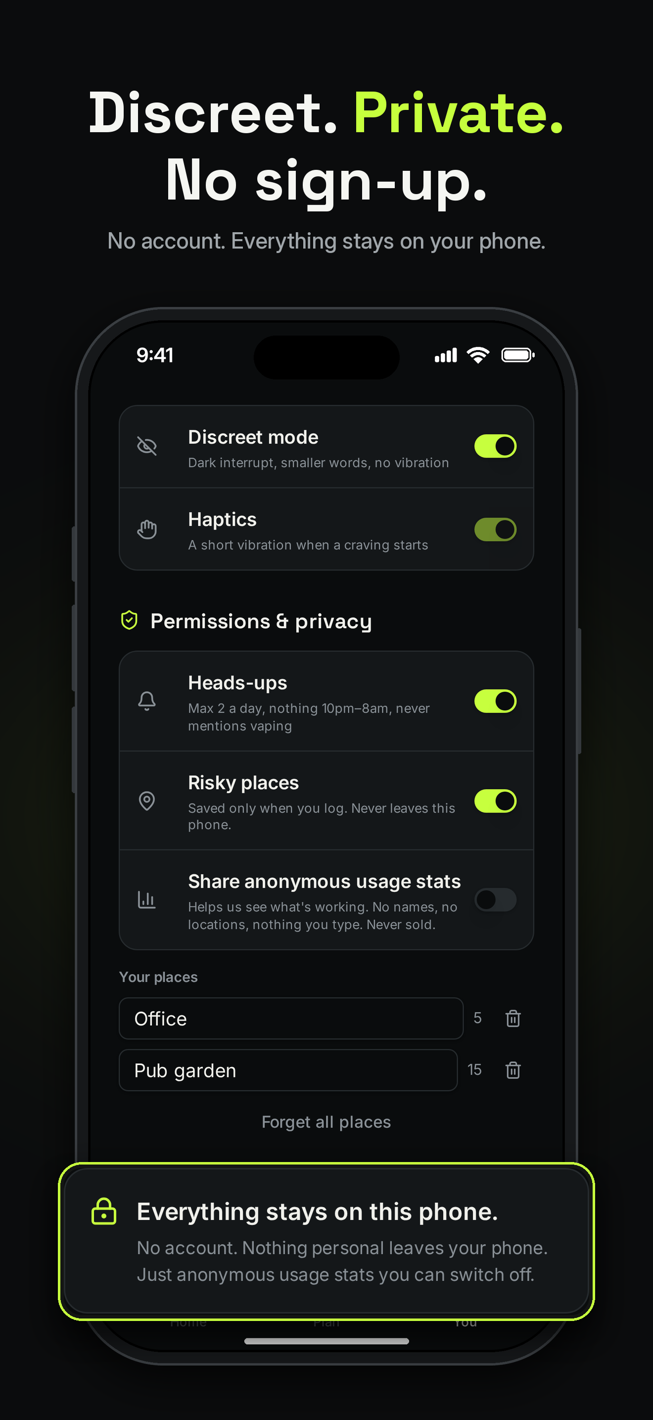 snub. app screenshot: discreet, private, no sign-up