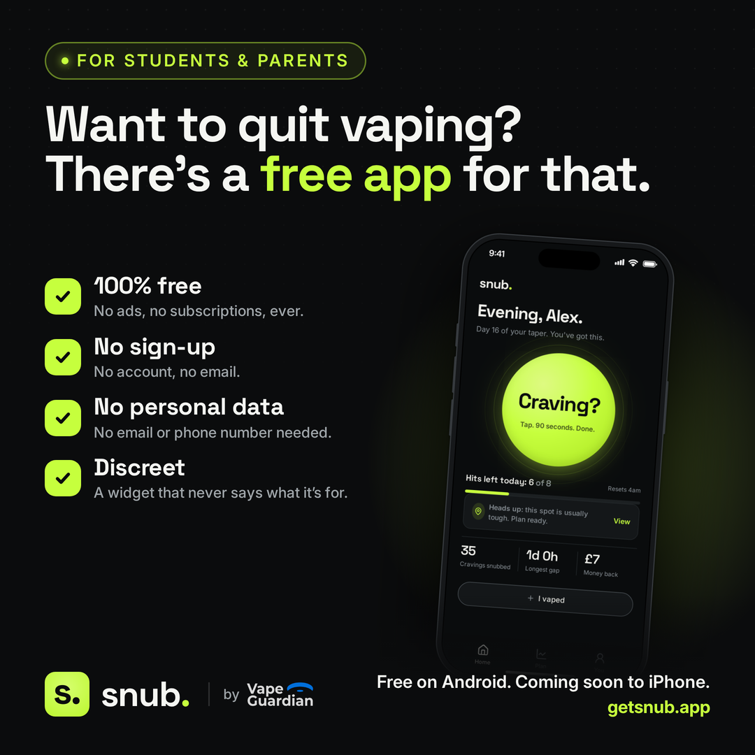 snub. quit vaping app square social post with app highlights and a phone screenshot