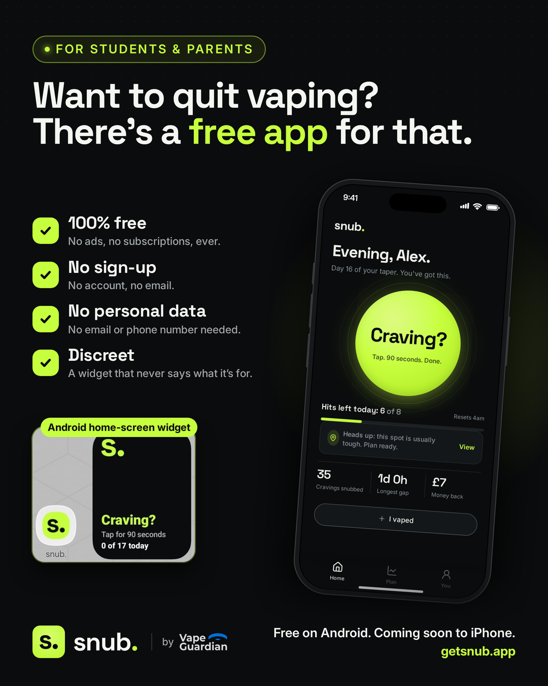 snub. quit vaping app social post, 4:5, with the headline Want to quit vaping? There’s a free app for that.